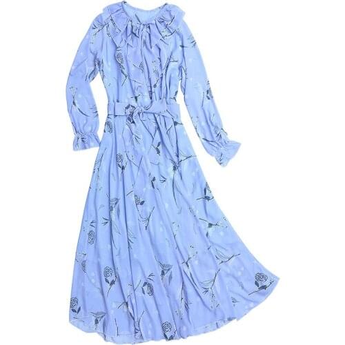 2020 new Spring Summer haze blue Dress Women super fairy French long-sleeved long Dress Large Size Loose Flower Dress M276
