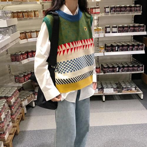 Jacket Vest Korean Style Autumn Winter College Style Color Block Embroidery Stacked Womens Knitted Vest Chaleco Mujer