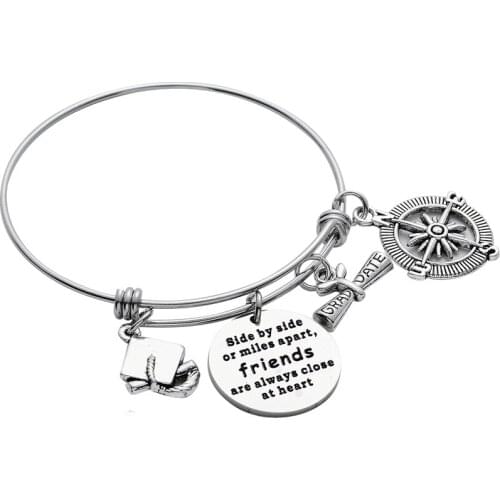 12PC/Lot "Side By Side Or Miles Apart" Best Friend Graduation Gifts Bangle Bracelet Stainless Steel Bachelor Cap Compass Charm