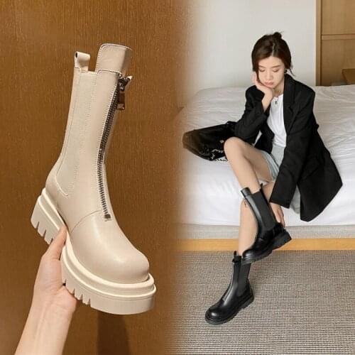 2021 Fashion Shoes Women Winter Boots Women Cow Leather Round Toe Chunky Boots Solid Platform Boots for Women Casual Black Boots