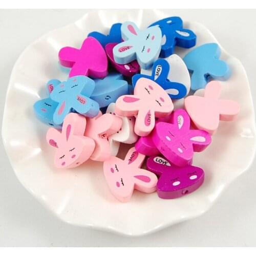 50Pcs Color Fashion Rabbit Shape Wooden Beads Children DIY Handmade Beaded Material Loose Bead Jewelry Baby Toy Accessories