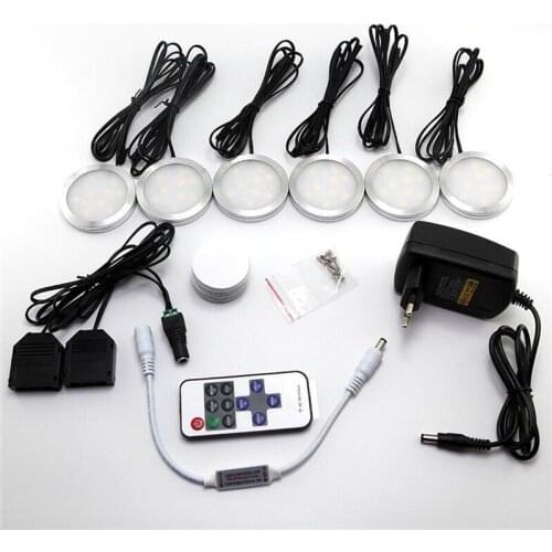 6pcs LED Under Cabinet Spotlight Puck Lights Surfaced Mounted Downlight+RF Remote+EU/UK/US Adapter Dimmable Free Shipping