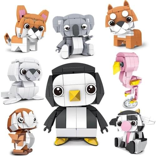 8pcs Animals Bricks Cute Corgi Dog Building Block Dog Bird Model Koala Seals Owl Penguin flamingos Shiba inu Cow Bricks Toys