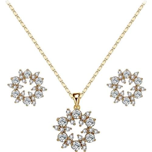 White cubic zircon brass flower shaped gold color jewelry sets earrings pendant necklace women jewellery set anniversary