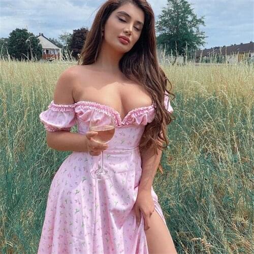 Floral Print Off Shoulder Midi Dress Women V Neck Elegant Party Dresses 2021 Ladies Summer Vintage Split Vestidos Robes Sundress