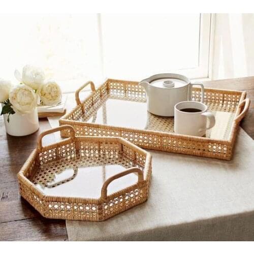 Serving Trays decorative Handmade polygonal rattan tray with handle Free shipping