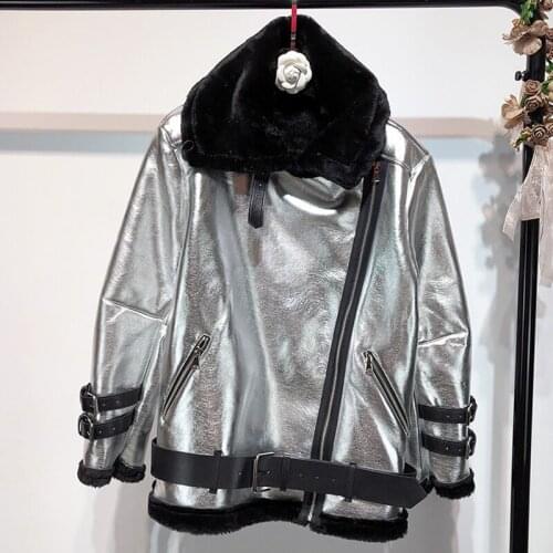 European Style Metal Silver Leather Jackets Women Designer Winter Automotive Woman Leather Jackets Lady Velvet Overcoats A332
