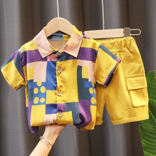 Toddle Boy Outfit Kids Clothes Sets Baby Boys Summer 0-5 Years Children Fashion Lapel T-shirt + Pants Lattice Color Matching