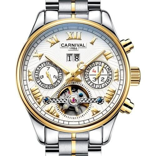 Carnival Mens Multifunction Holllow-out Dial Steel Watchband Automatic Self-Wind Mechanical Watch - gold bezel white dial