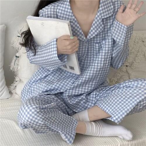 Korean Elegant Blue Plaid Women Pajamas Set Plus Size Two Piece Set Winter Soft Casual Long Sleeve Girl Sweet Princess Sleepwear