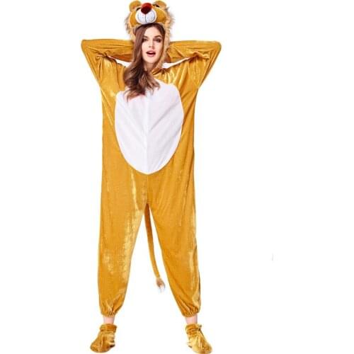 Halloween Unisex Adult Men and Women Wear Cosplay Animal Role Lion Costume with Hood and Foot Cover Jumpsuit