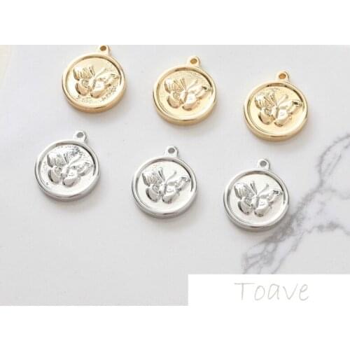 18K Real Gold round Relief Butterfly Pendant DIY Ear Stud Necklace Beaded Pendant Handmade Accessories 2pcs