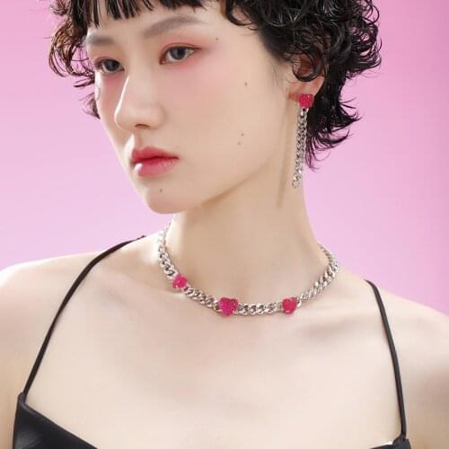 Lifefontier Trendy Rose Pink Resin Heart Stainless Steel Chain Choker Necklace for Women Silver Color Chain Necklace Jewelry