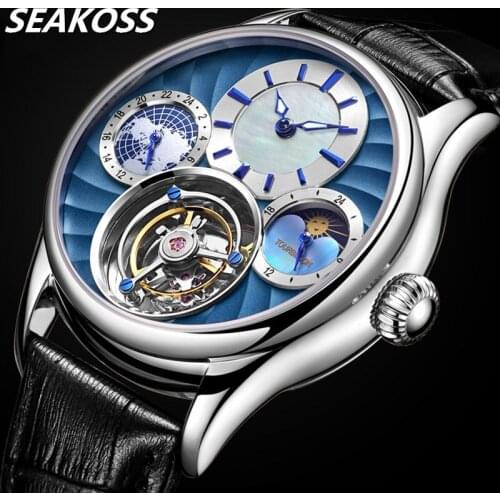 Fashion Original Genuine Tourbillon Mens Mechanical Watch Luminous Men Seagull Tourbillon Moon Phase Watch Leather Reloj Dorado