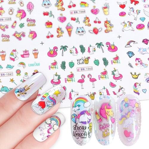 12pcs Unicorn Flame Bird Cactus Nail Transfer Sticker Sliders For Nails Design 2021 Cartoon Kids Nail Stickers For Children Cute