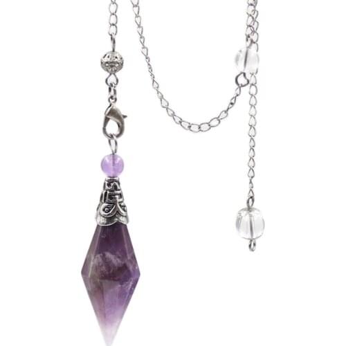 Natural Amethyst Rose Quartz Stones Pendulum for Dowsing Divination Reiki 7 Chakra Hexagonal Column Silver-color Cone Pendant