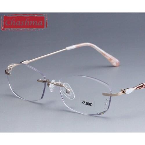 Chashma Brand Rimless Eye Glasses Women Quality Optical Read Glasses Diamond Trimmed Ready Glasses Tint Lenses Reading Glasses