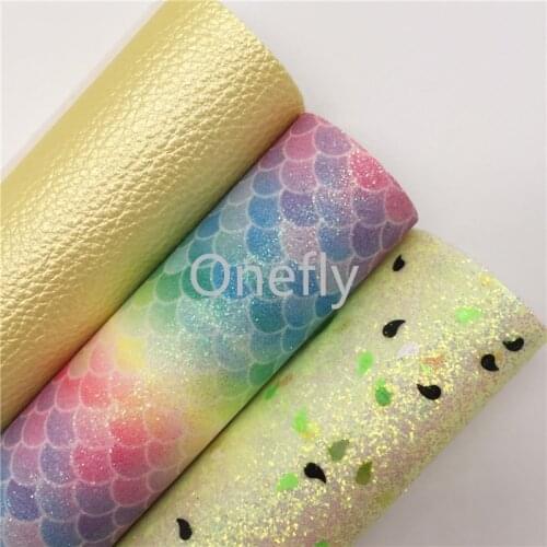 Onefly 21X29CM Mermaid Glitter Fabric, Solid Litchi Synthetic Leather Fabric Sheets For Bow DIY handbags shoes AQ051