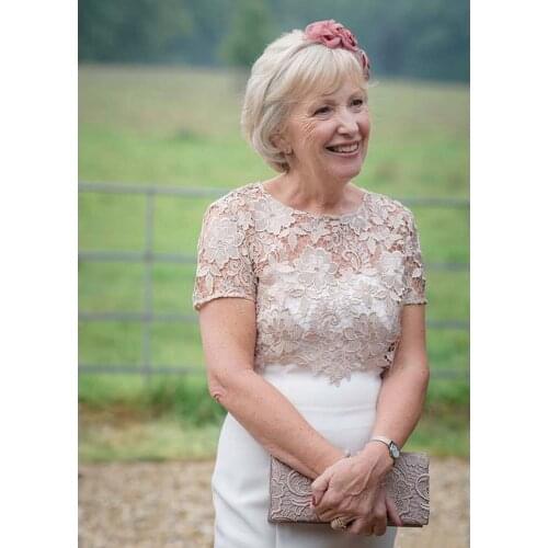 Two Piece Sheath Knee Length Round Neck Short Sleeve Champagne Lace White Elastic Satin Mother of the Bride Dress