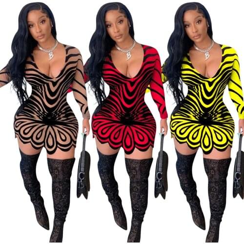 Echoine Print Ruffle Skinny Bodycon Mini Dress Long Sleeve Autumn Spring Sexy Elegant Dresses Vintage Vestidos Party Clubwear