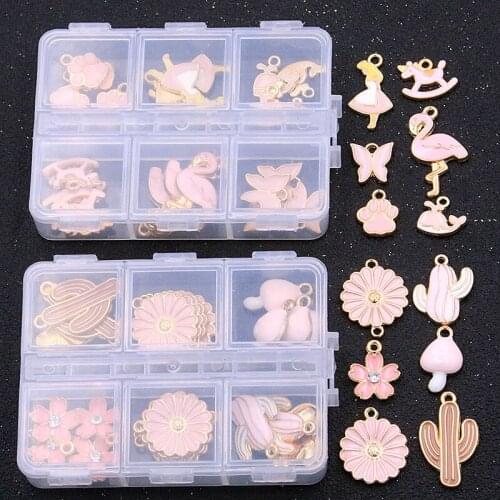 1Set 30Pcs/Lot 6 Styles StylCharm Animal Plant Drop Oil Pink Pendant With Box Material For DIY Jewelry Earring Necklace Making