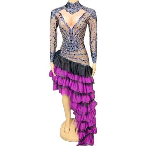 Luxury purple Court Asymmetric ruched Dress sexy Crystal Rhinestone long dress for wedding party for woman Dance Stage Costumes