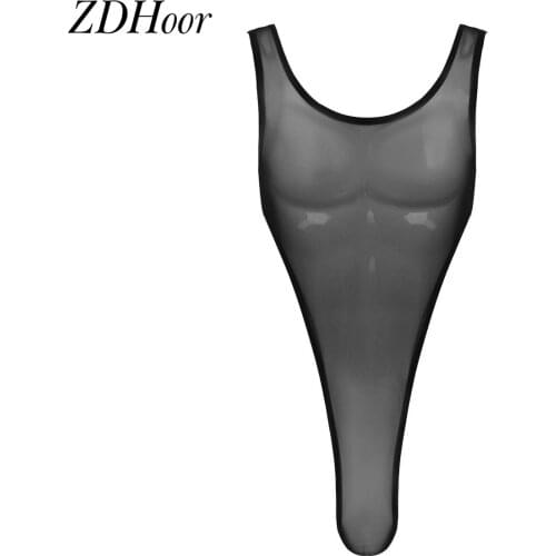 Sexy Transparent Mesh Bodysuit Gay Mens See Through Sheer Leotard Sleeveless Jumpsuit Tank Wrestling Singlet Bodysuit Lingerie