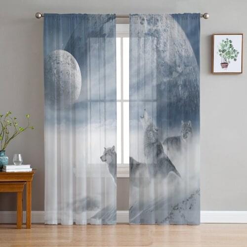 Animal Snow Wolf Moon Planet Tulle Curtains For Living Room Bedroom Transparent Tulle Curtains Window Drapes Sheer Curtain