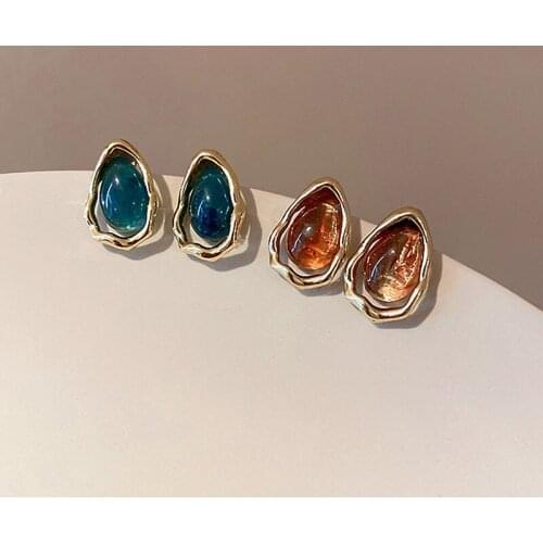 Vintage Exquisite Small Resin Water-drop Geometric Stud Earrings For Women Korean Fashion Ear Jewelry Pendientes BY36