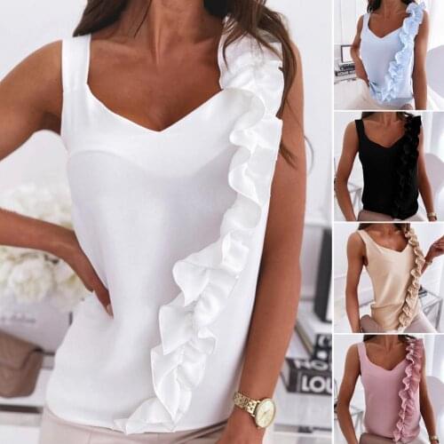 Summer Stylish Solid Color Sleeveless Ruffle Strap Blouse Women T-shirt Asymmetric for Daily Life