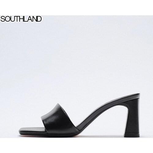SOUTHLAND 2021 New Summer Sable Gray Women Slippers Square Toe Thick Heels Fashion Sandals Outside Half Slipper shoes