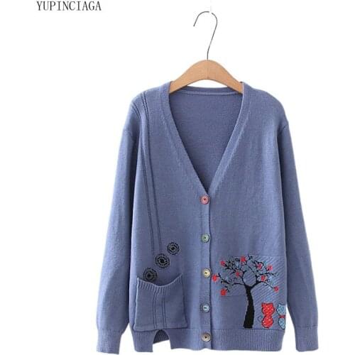 YUPINCIAGA Women Jacquard V-neck Sweater 2020 Autumn Winter New Loose Knitted Cardigans Sweaters Female Sweet Sweaters