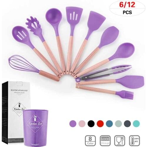 6/12PC Silicone Cooking Utensils Set Non-Stick Spatula Shovel Spoon Brush Colander Wooden Handle Cookware Tools Kitchen Gadgets