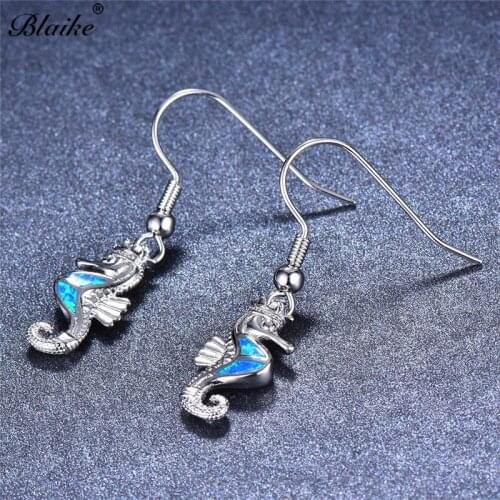 Blaike Retro Blue/Purple/White Fire Crown Seahorse Drop Earring For Women Silver Color Statement Jewelry Xmas Gift