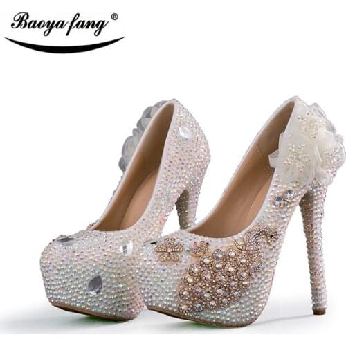 Shining Crystal Flower Wedding shoes Bridal high heels platform shoes fashion ladies Party dress shoes woman peacock