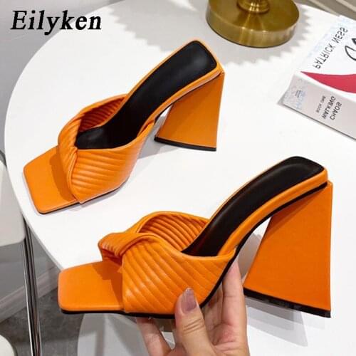 Eilyken New Design Square Toe High Heels Slippers Fashion Pleated Sexy Sandals Ladies Summer Outdoor Party Slide Shoes