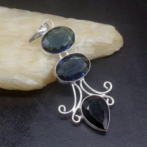 Gemstonefactory Jewelry Big Promotion 925 Silver Perfect Blue Topaz Black Onyx Women Ladies Gifts Necklace Pendant 1001