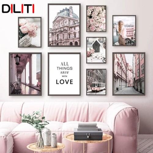 City Street Tram Pink Rose Flower Girl Wall Art Vintage Building Canvas Painting Nordic Print Poster Pictures for Living Room