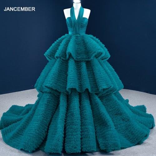 J67232 Halter Neck Sleeveless Evening Dress 2021 Ball Gown Real Photos Cake Style Tiered Lace Up Back