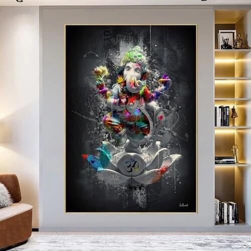 Graffiti Canvas Painting Hindu Lord Elephant God Wall Art Religion Lotus Poster Print Wall Picture for Living Room Home Decor
