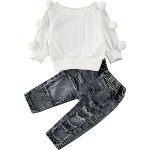 2020 Kids Baby Girls Sets Fall Winter Clothes 2Pcs Fur Pompom Sleeve Sweaters Holes Ripped Denim Pants Girls Streetwear 1-5Y