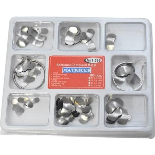 100Pcs Full Kit Dental Matrix Sectional Contoured Metal Matrices No.1.398 + 2 Rings/Dental tools