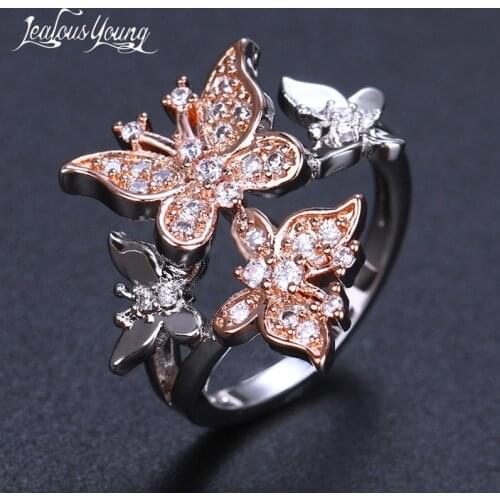 Fashion Exquisite Butterfly Shape Wedding Rings for Women Gold Color Zirconia Engagement Ring Lady Adjustable Ring Jewelry Gift