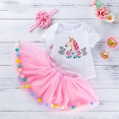 Toddler Girl Clothes Tutu Dresses Summer Newborn Baby Print Short Sleeve Doll Rainbow Mesh Skirt Set 0-2 Years Old Clothing Sets