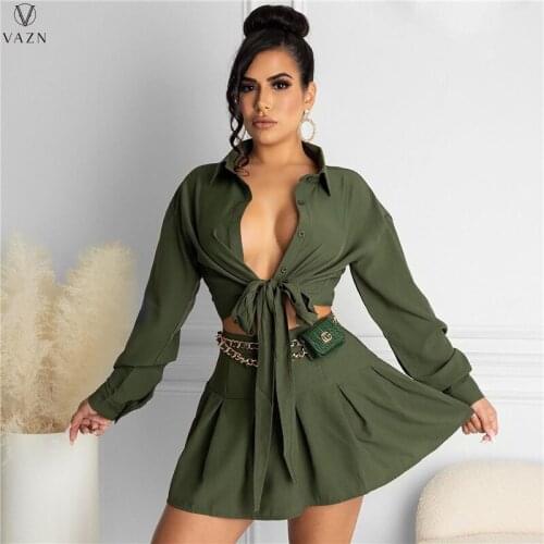 VAZN 2021 INS Solid Overalls Sweet Dress Set Sexy Young Full Sleeve Group Mini Pleated Skirts High Waist Women 2 Piece Set