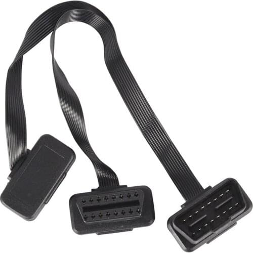 Flat 16Pin ELM327 OBD2 Male To Dual Female Y Splitter Elbow Extension Cable Lead 30CM