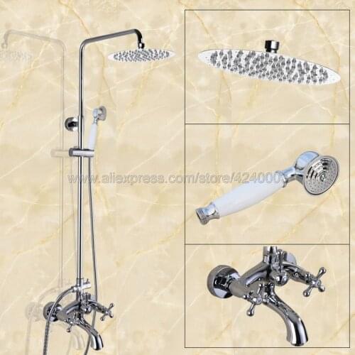 Polished Chrome Bathroom Shower Faucet Set Double Handle 8" Rainfall Shower System with Tub Spout + Handshower Kcy353