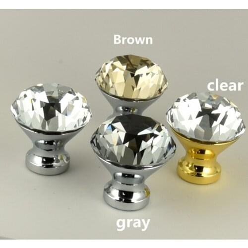 Modern fashion clear gray brown glass crystal drawer tv table knobs pulls silver gold cupboard dresser dor handle 25mm 30mm 40mm