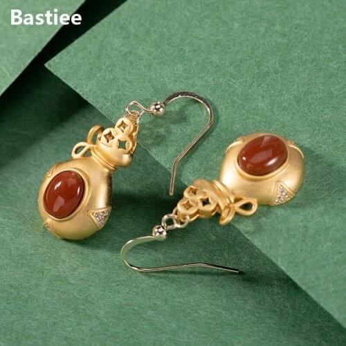 Bastiee 925 Sterling Silver Drop Earrings For Women Dangle Jewelry Gold Plated Red Agate Zircon Gourd Earings
