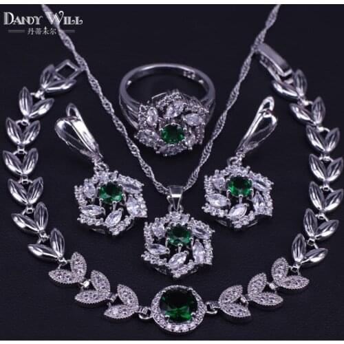 Green Stone Silver Color Jewelry Set For Women pretty pendant/jewelry female earrings/ring set Romantic Present